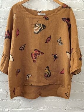 Viola Borghi Womens 100% Linen Butterfly Top Blouse 3/4 Ruffle Sleeves Brown S